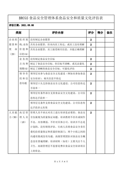 BRCGS食品安全管理体系食品安全和质量文化评估表