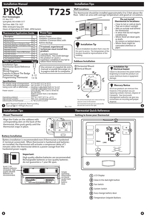 Pro1 Technologies T725电子温度调节器安装手册说明书