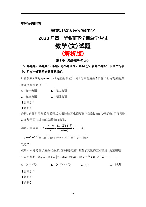 2020届黑龙江省大庆市实验中学高三下学期复学考试数学(文)试题(解析版)