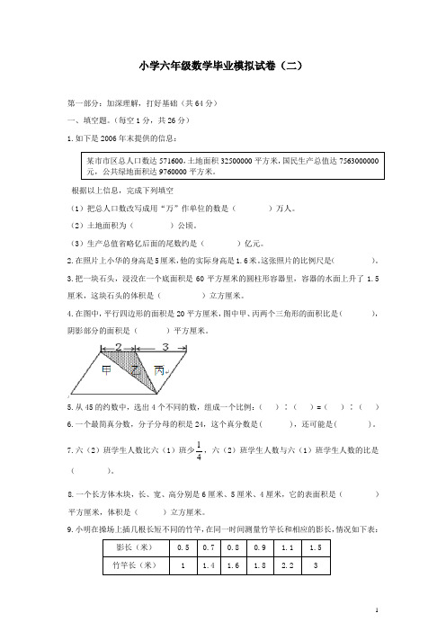 苏教版小学六年级数学毕业模拟试卷(二)