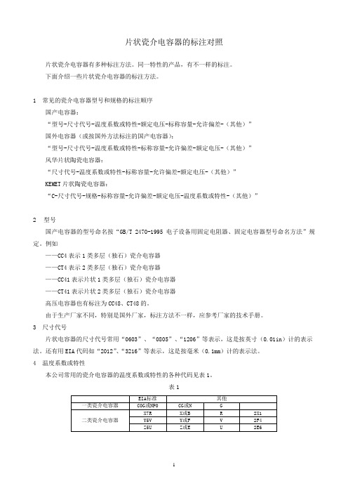 片状瓷介电容器的标注对照