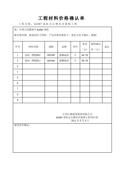 料价格认价单