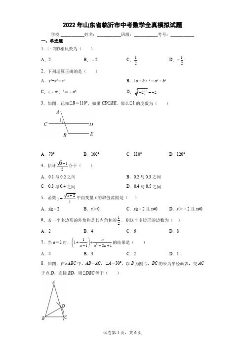 2022年山东省临沂市中考数学全真模拟试题(word版含答案)