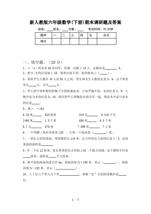 新人教版六年级数学(下册)期末调研题及答案