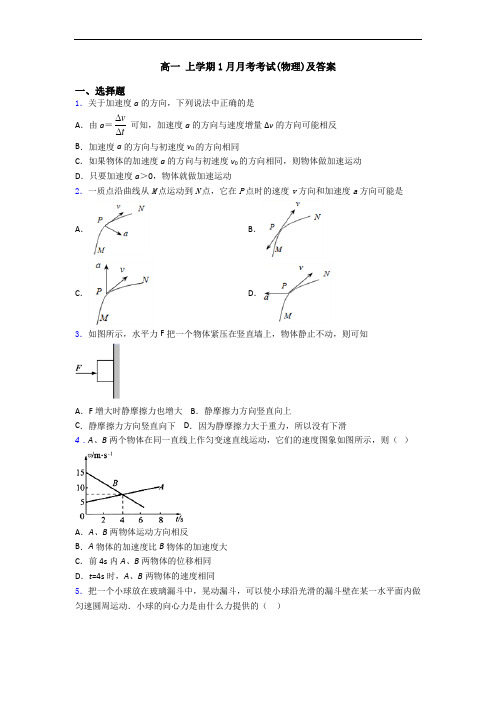 高一 上学期1月月考考试(物理)及答案