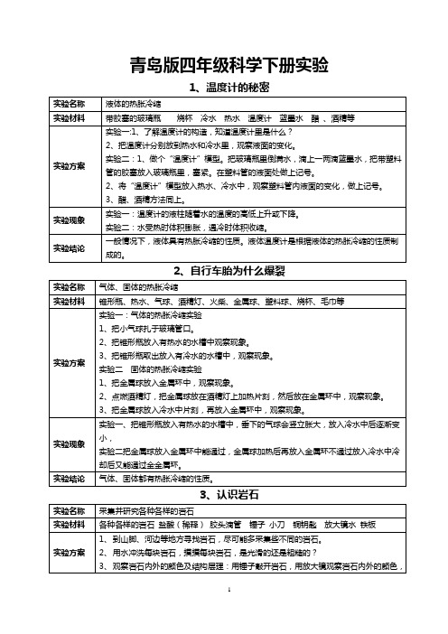 青岛版四年级下册科学实验