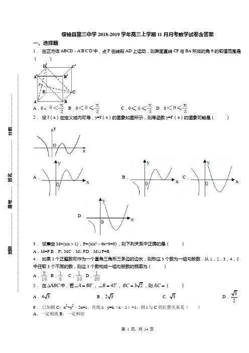 绥棱县第三中学2018-2019学年高三上学期11月月考数学试卷含答案