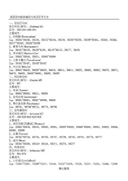 美国各州邮政编码与电话区号大全