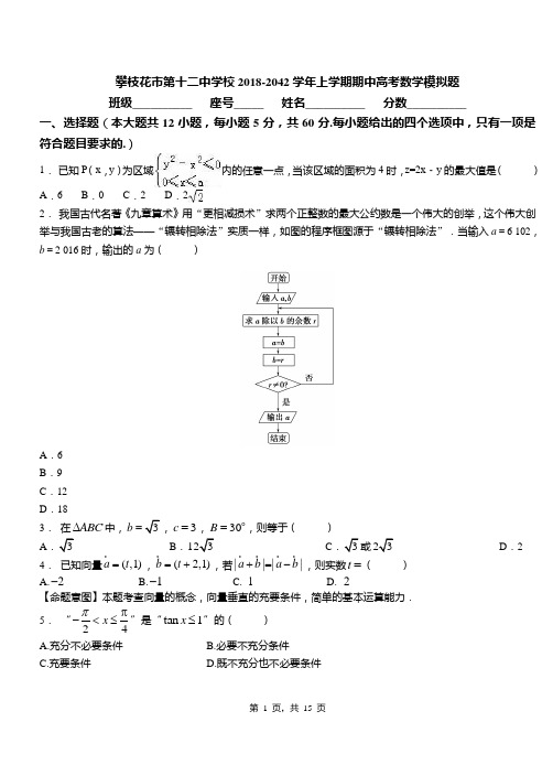 攀枝花市第十二中学校2018-2019学年上学期期中高考数学模拟题