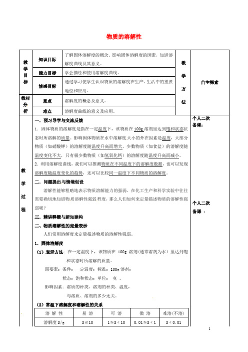 九年级化学全册第六章溶解现象6.3物质的溶解性教案2沪教版