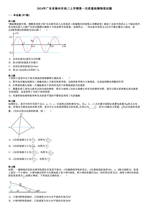 2024年广东省梅州市高三上学期第一次质量检测物理试题