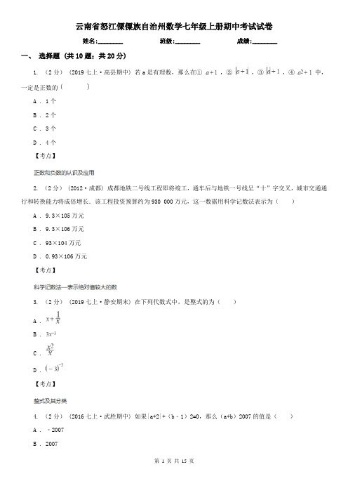 云南省怒江傈僳族自治州数学七年级上册期中考试试卷