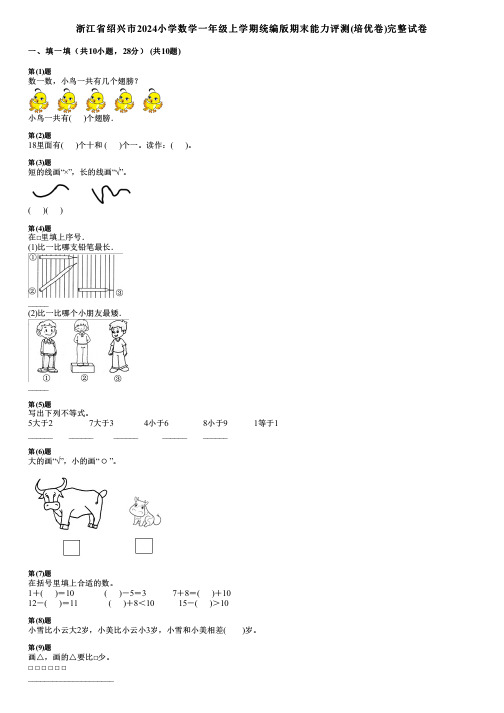 浙江省绍兴市2024小学数学一年级上学期统编版期末能力评测(培优卷)完整试卷