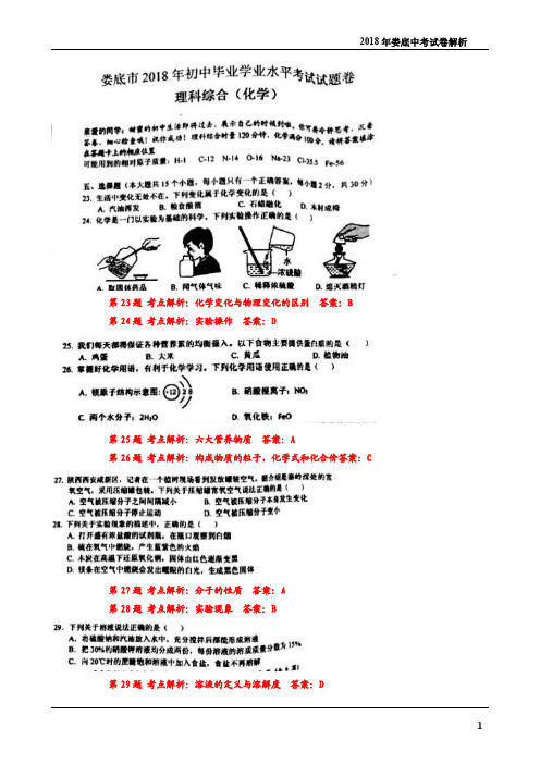 湖南省娄底市2018年中考理综(化学部分)真题试题(pdf,含答案)