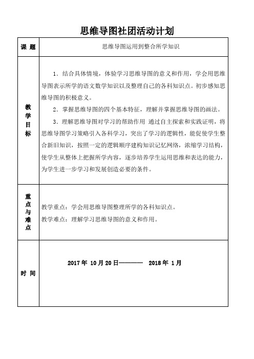 小学思维导图活动课表格计划