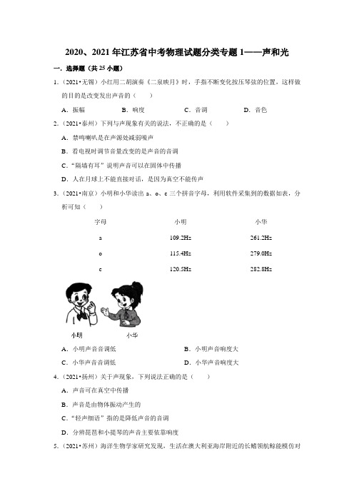 2020、2021年江苏省中考物理试题分类专题1——声和光