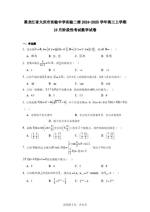 黑龙江省大庆市实验中学实验二部2024-2025学年高三上学期10月阶段性考试数学试卷