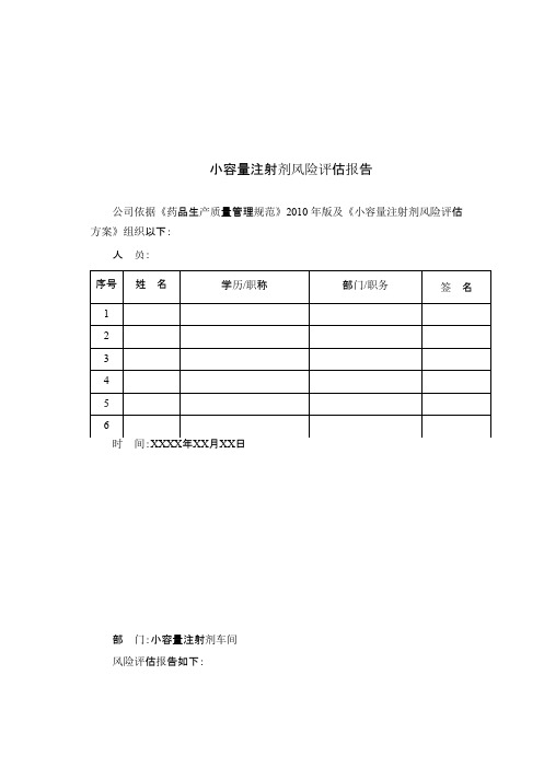 小容量注射剂风险评估报告