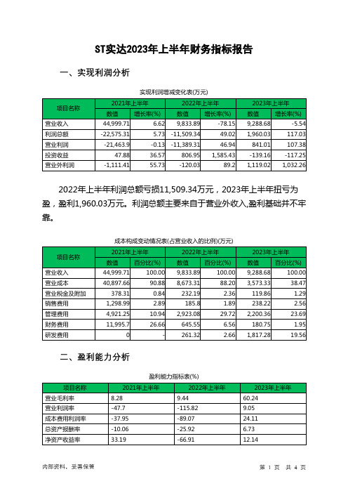 600734ST实达2023年上半年财务指标报告