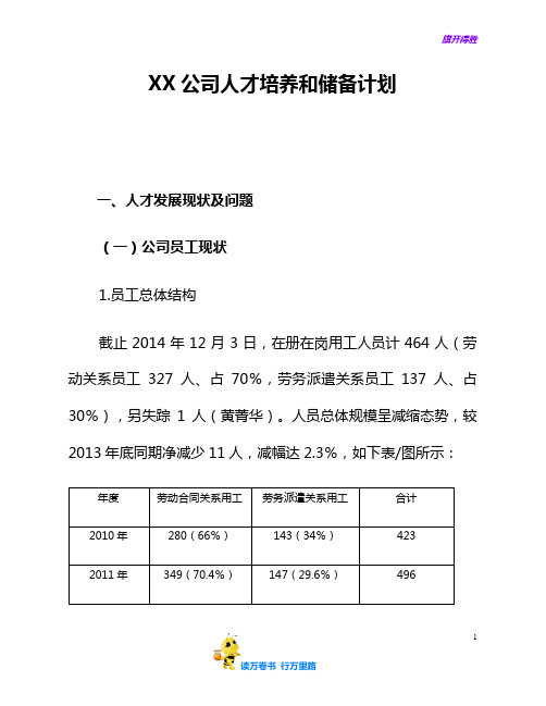 人才梯队建设之《建设计划》：XX公司人才培养和储备计划