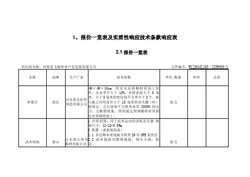 报价一览表及实质性响应技术条款响应表