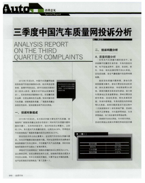 三季度中国汽车质量网投诉分析