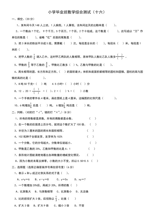 小学毕业班数学综合测试(十六)