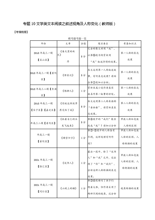 专题10文学类文本阅读之叙述视角及人称变化(教师版)