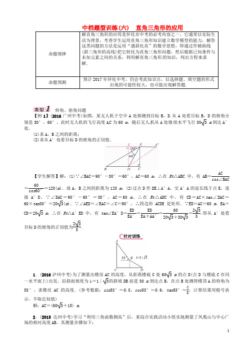 中考数学总复习第二编中档题型突破专项训练篇中档题型训练六直角三角形的应用试题