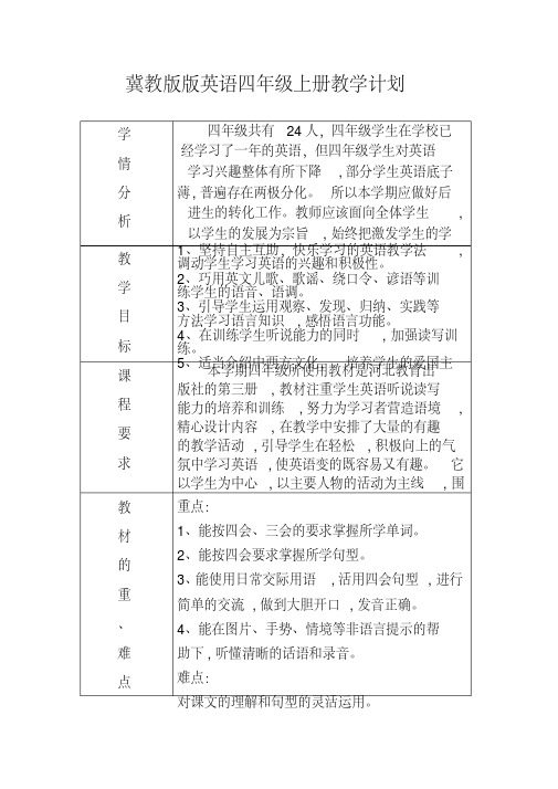 冀教版版英语四年级上册教学计划资料