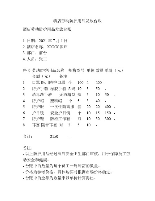 酒店劳动防护用品发放台账