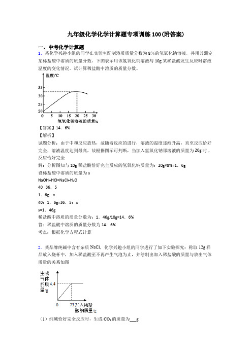 九年级化学化学计算题专项训练100(附答案)