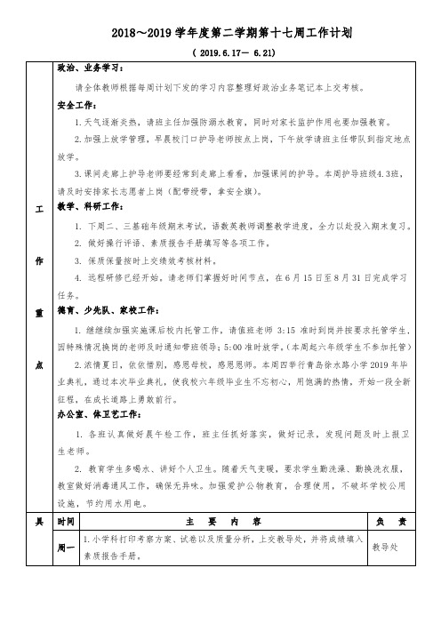 2018~2019学年度第二学期第十七周工作计划 .doc