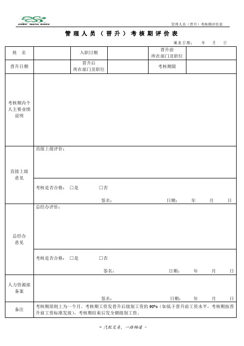 管理人员考核期评价表