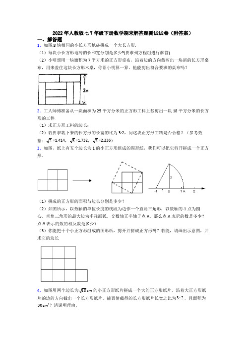 2022年人教版七7年级下册数学期末解答题测试试卷(附答案)