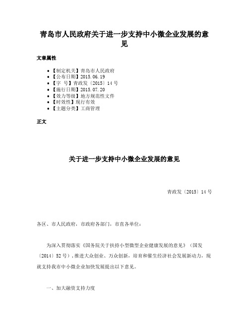 青岛市人民政府关于进一步支持中小微企业发展的意见