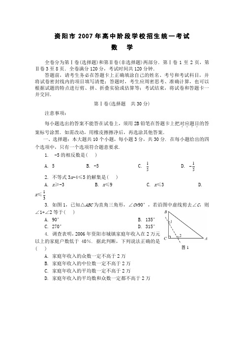 四川省资阳市2007年数学中考题及答案