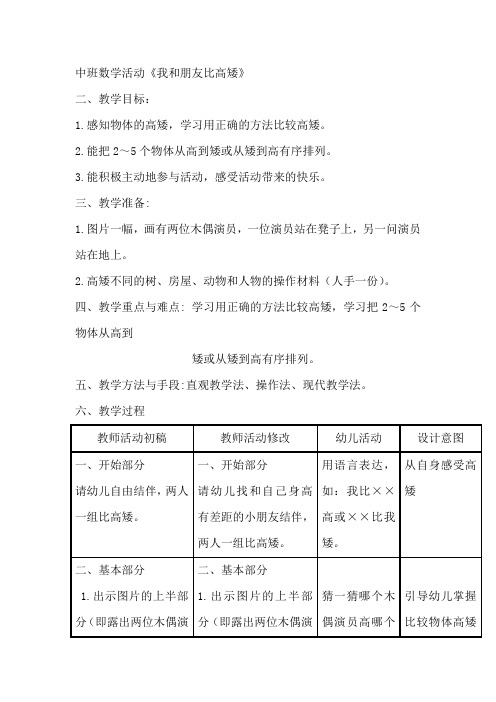 中班数学活动《我和朋友比高矮》