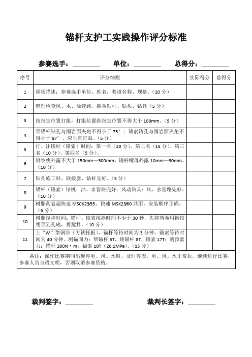 锚杆支护工实践操作评分标准