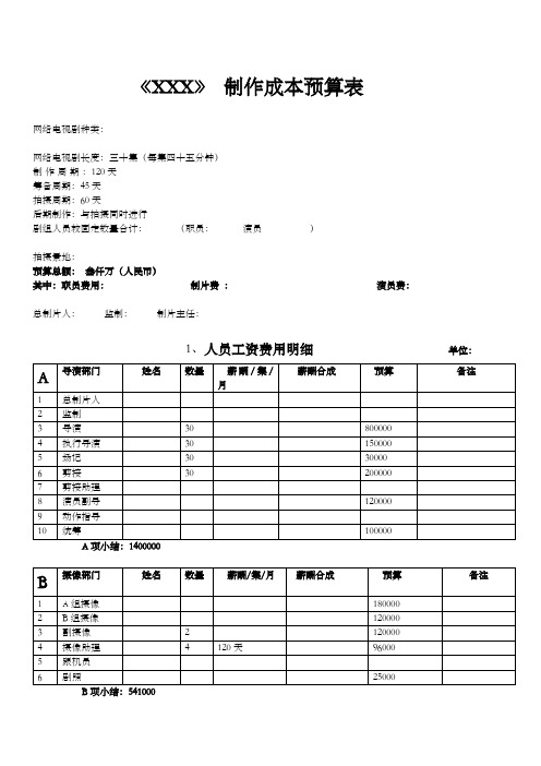 网剧电视剧制作预算表