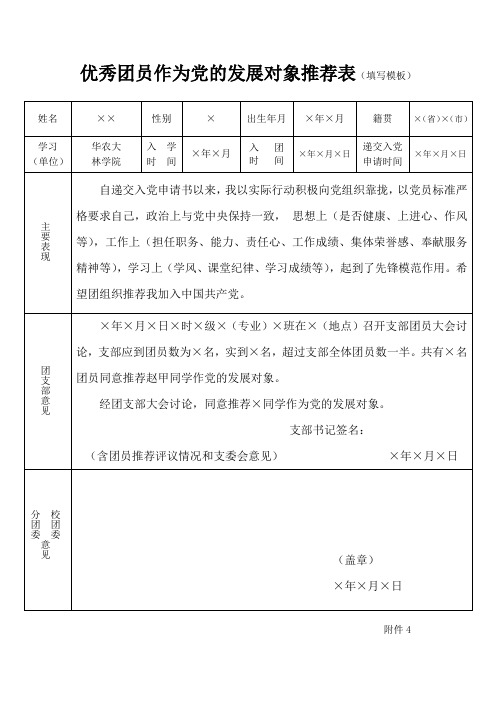 优秀团员作为党的发展对象推荐表(填写模板)