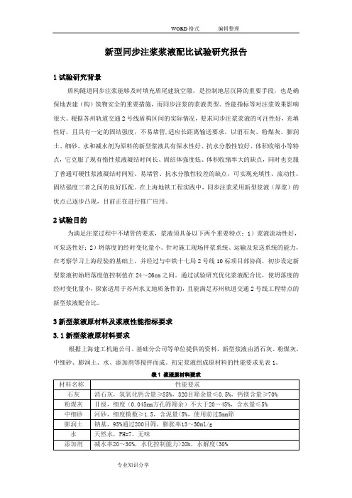 新型同步注浆浆液配比试验设计研究报告