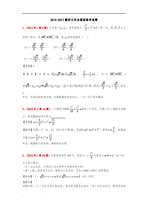 2015-2017解析几何全国卷高考真题版