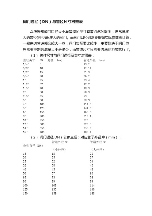 阀门通径（DN）与管径尺寸对照表