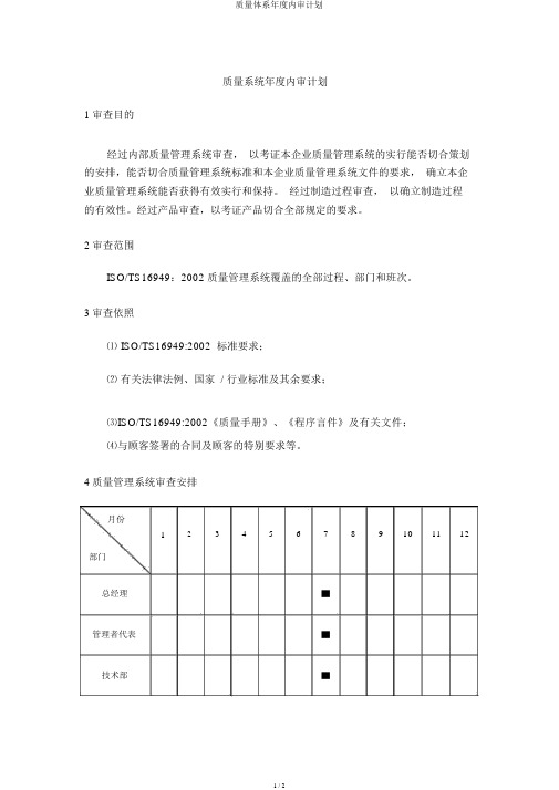 质量体系年度内审计划