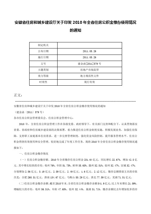 安徽省住房和城乡建设厅关于印发2010年全省住房公积金缴存使用情况的通知-建金函[2011]579号