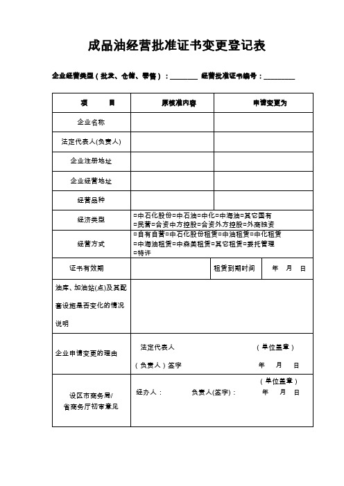 成品油经营批准证书变更登记表参考模板范本