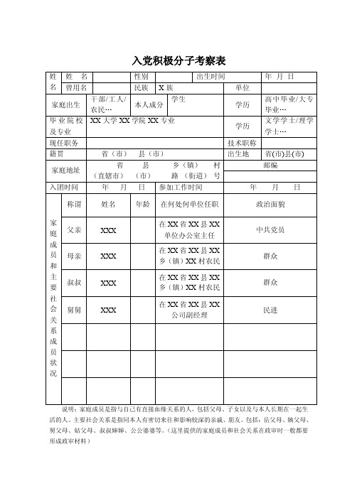 入党积极分子考察表范例