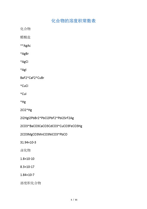 化合物的溶度积常数表(超全)