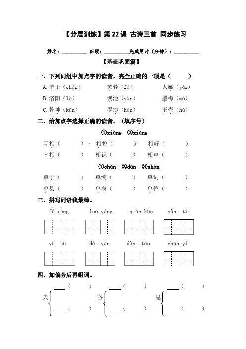 【分层训练】人教部编版四年级语文下册第22课《古诗三首》同步练习(含答案)